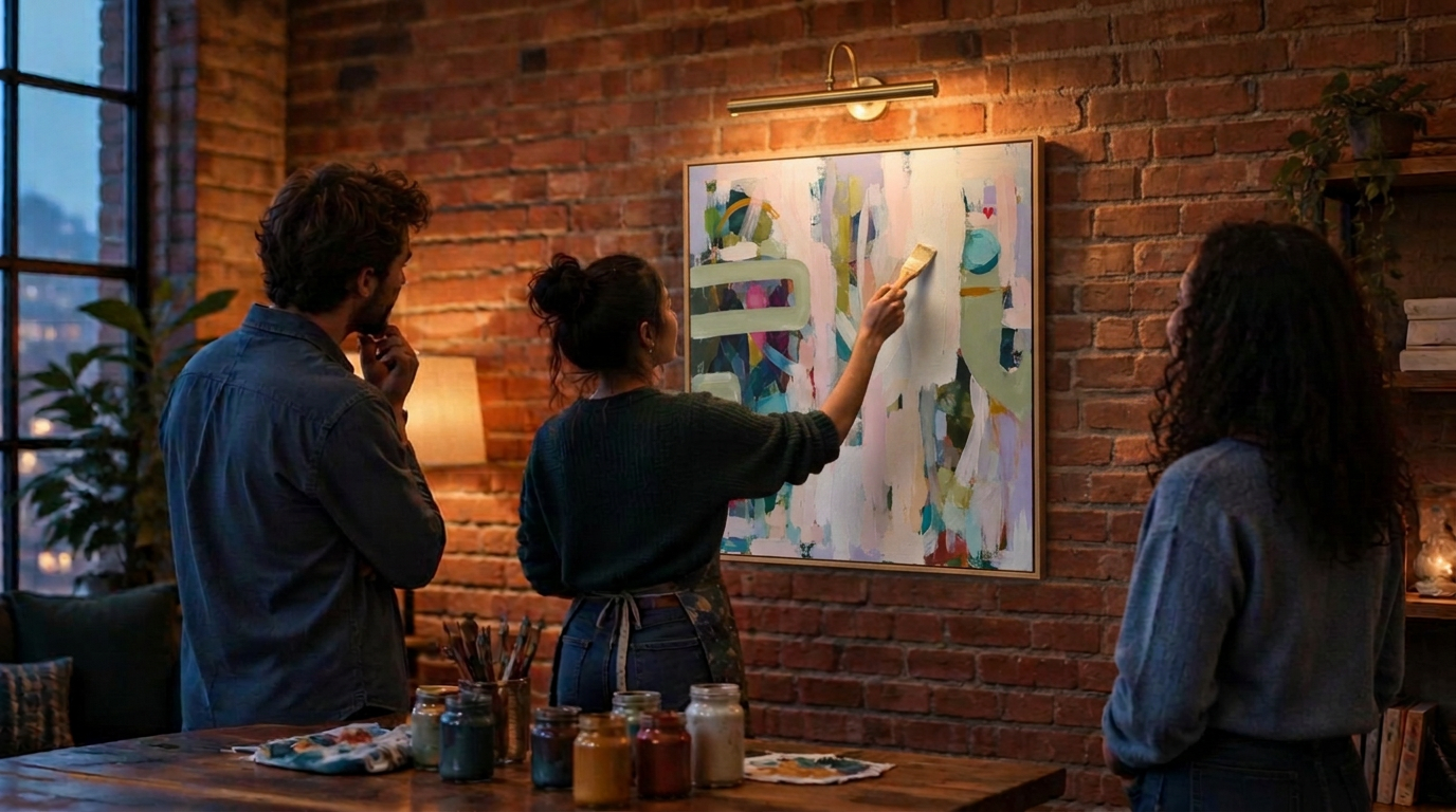A small group gathered around a wooden table, painting one large abstract canvas together in a bright studio