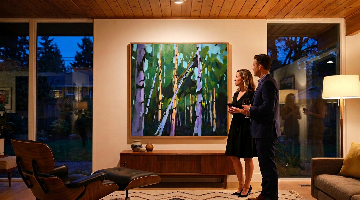 An original tree painting hanging in a modern midcentury home, viewed by guests